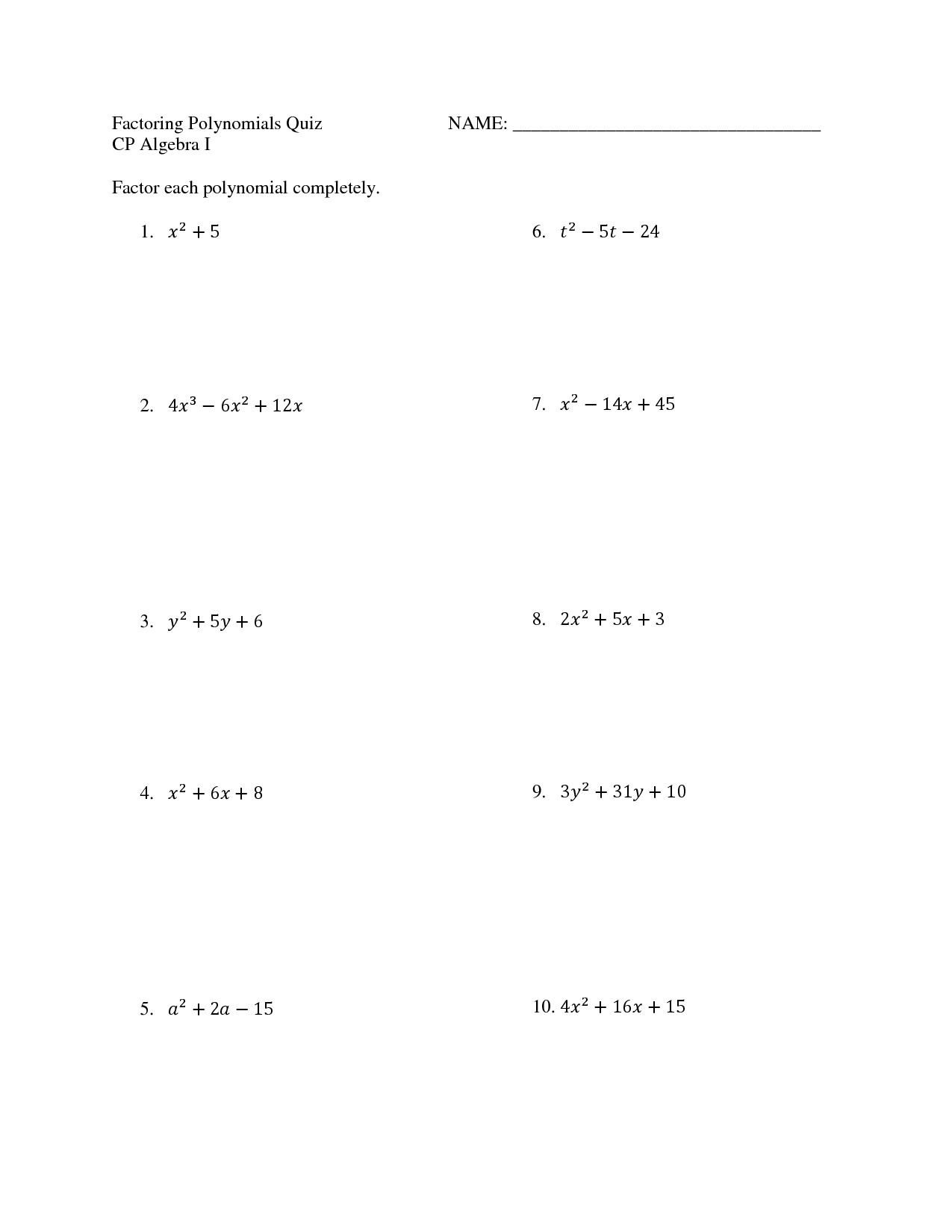 Factoring Polynomials Quiz Image