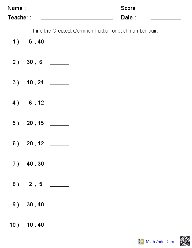 Greatest Common Factor 6th Grade Math Worksheet Image