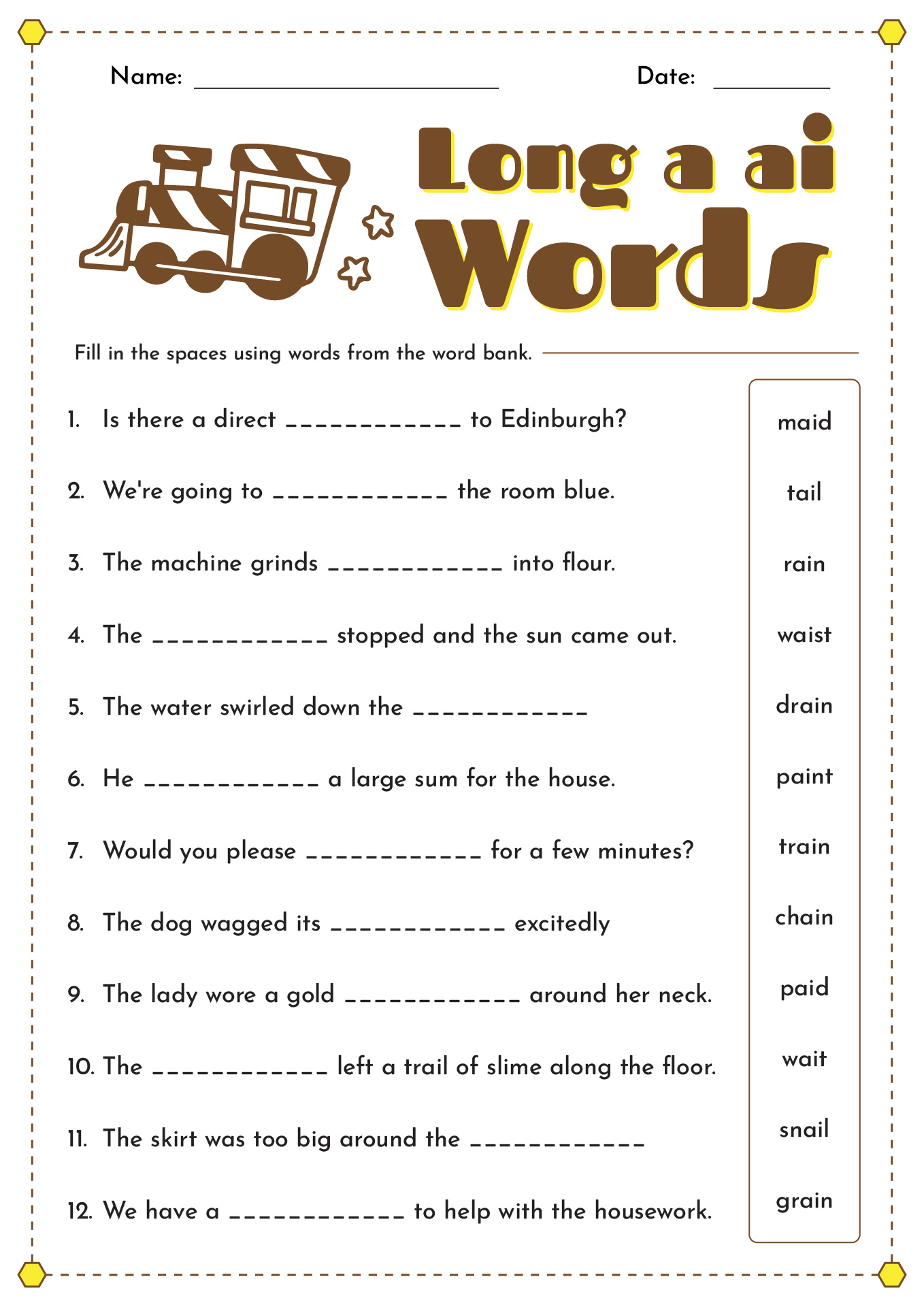Long a Ai Words Worksheets Image