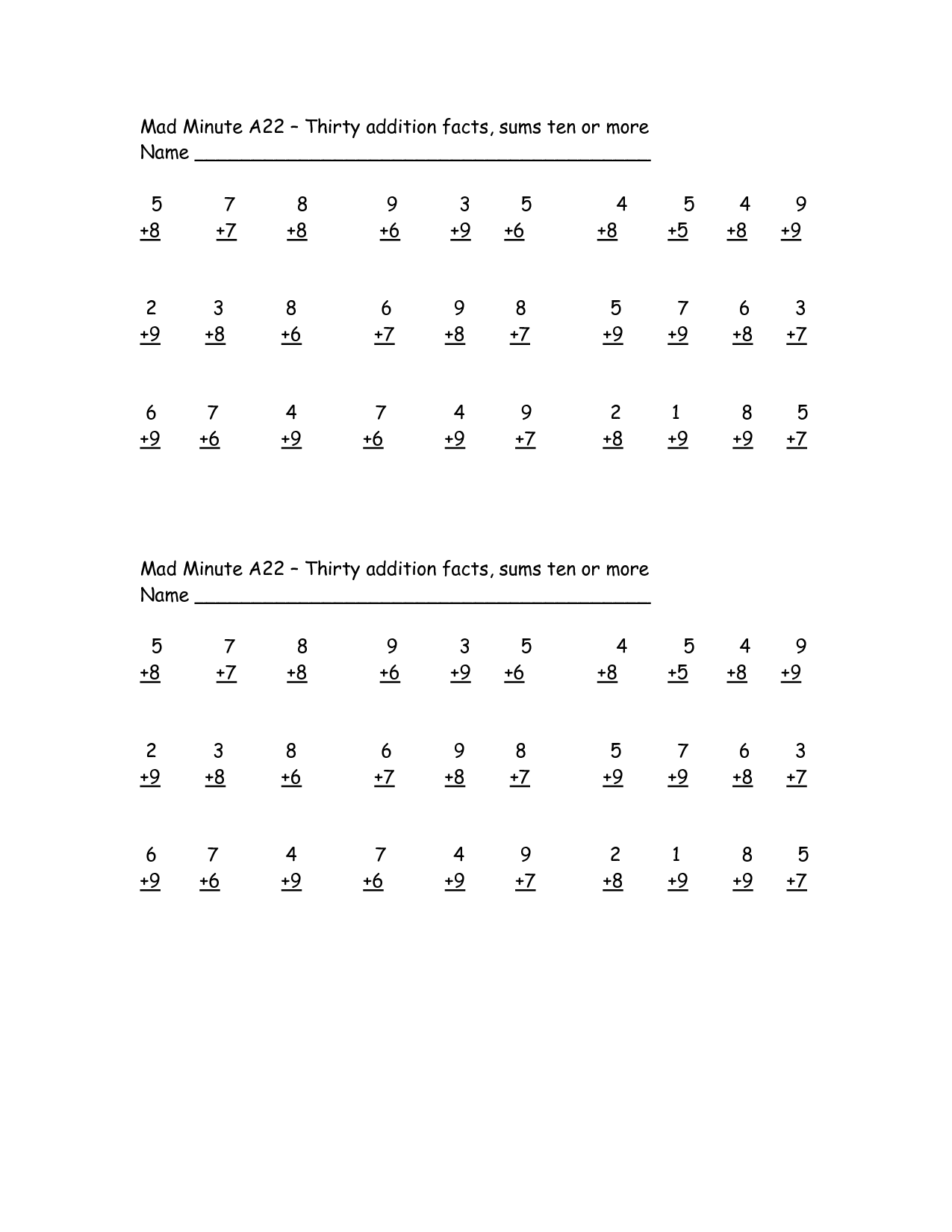 Mad Minute Math Addition Worksheets Image