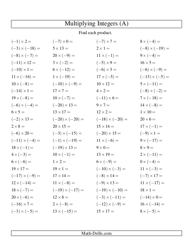 Multiplying Integers Worksheets 7th Grade Image