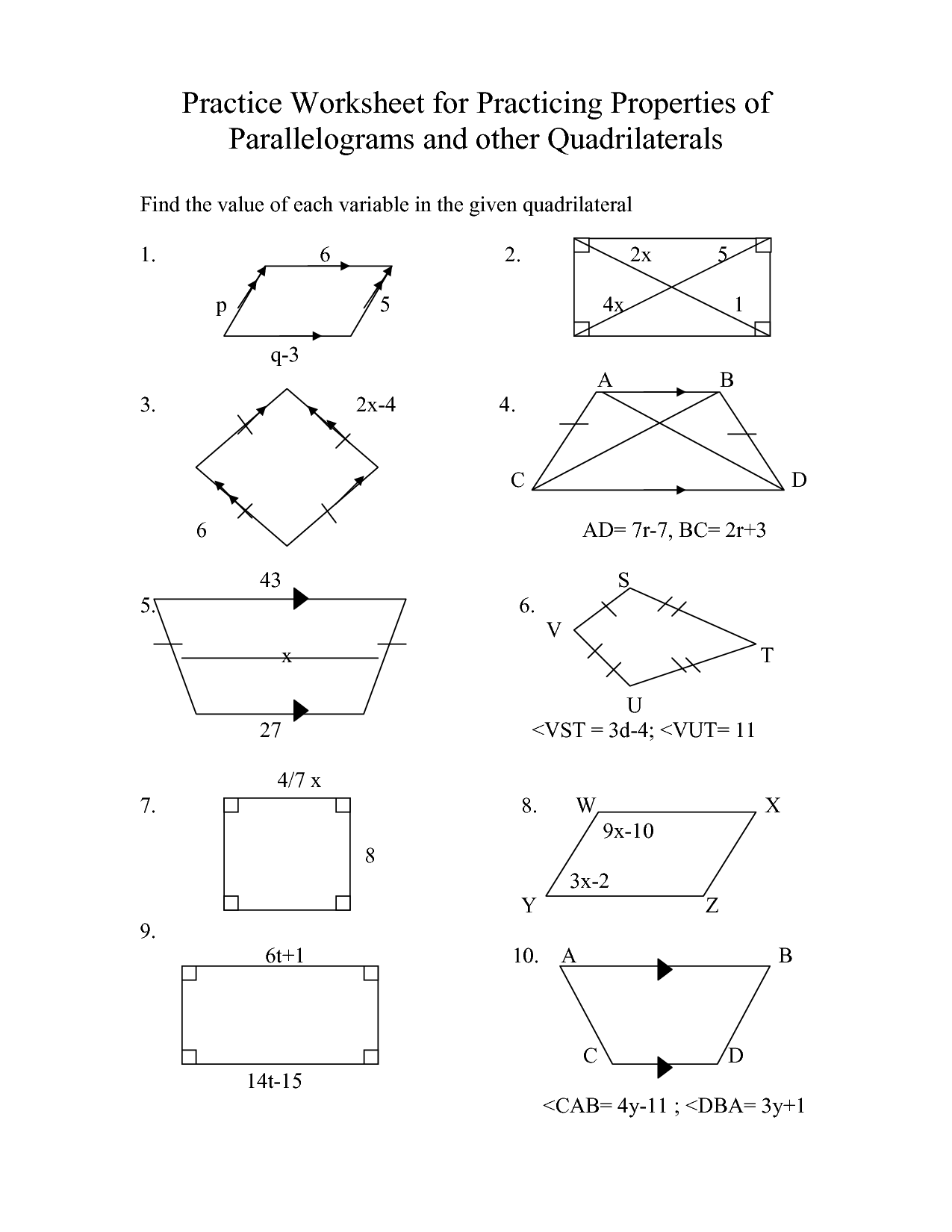 Quadrilaterals Properties Of Parallelograms Worksheet Answers