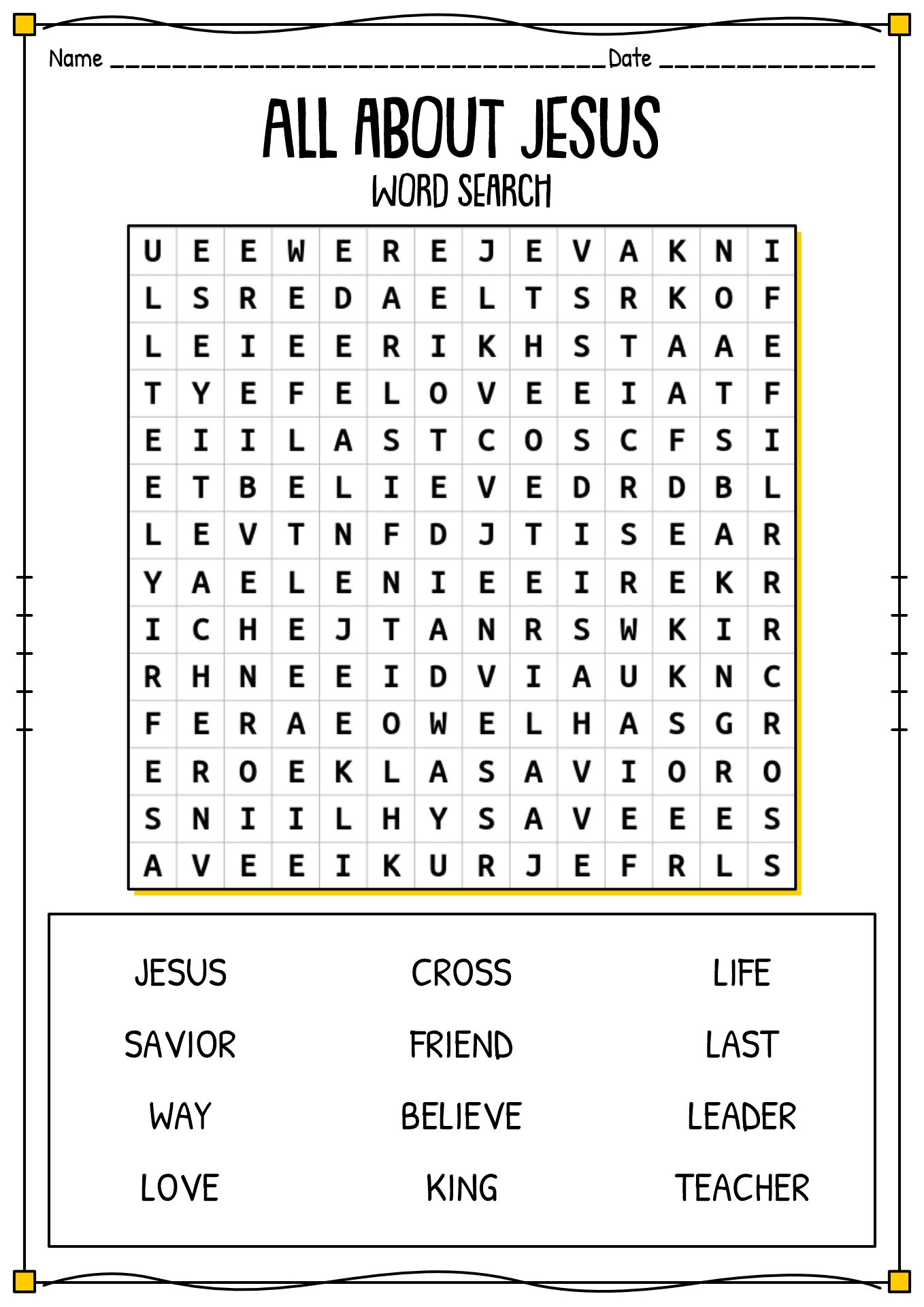 Sunday School Word Search Printable