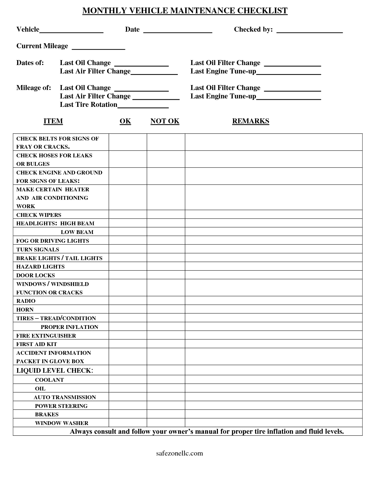 Vehicle Maintenance Checklist Template Image