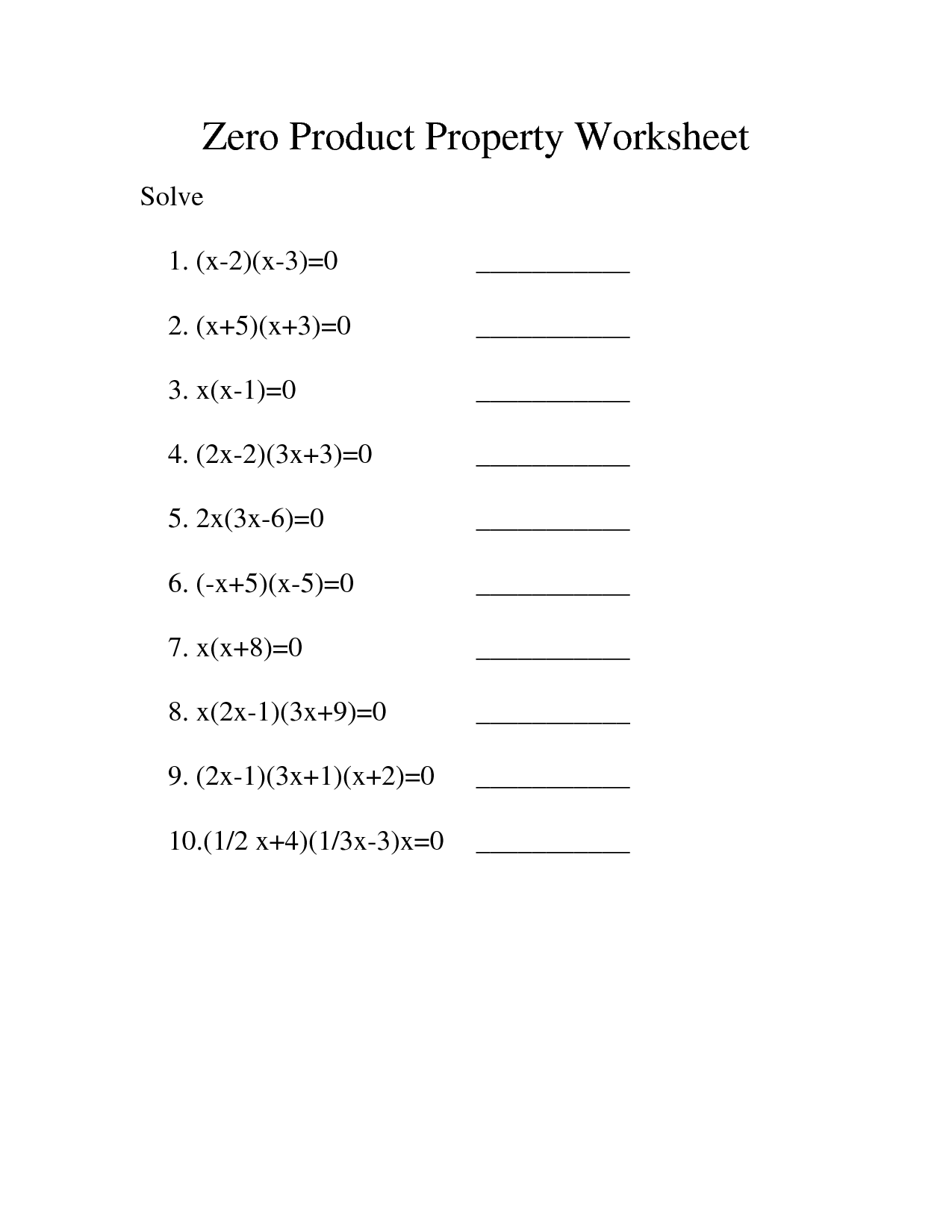 Zero Product Property Worksheet Image
