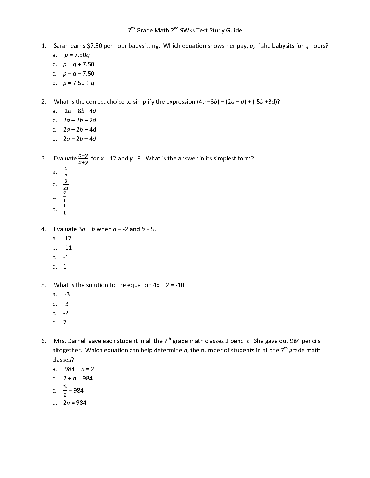 7th Grade Math Test Worksheets Image