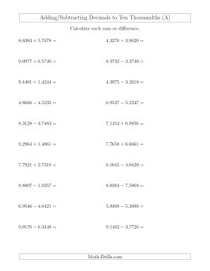 Adding and Subtracting Decimals Worksheets