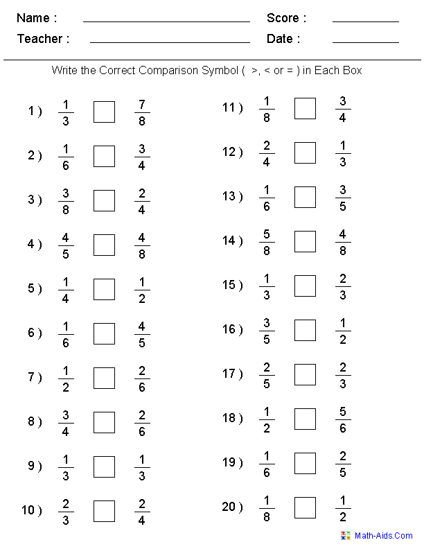 Comparing Fractions Worksheets 4th Grade