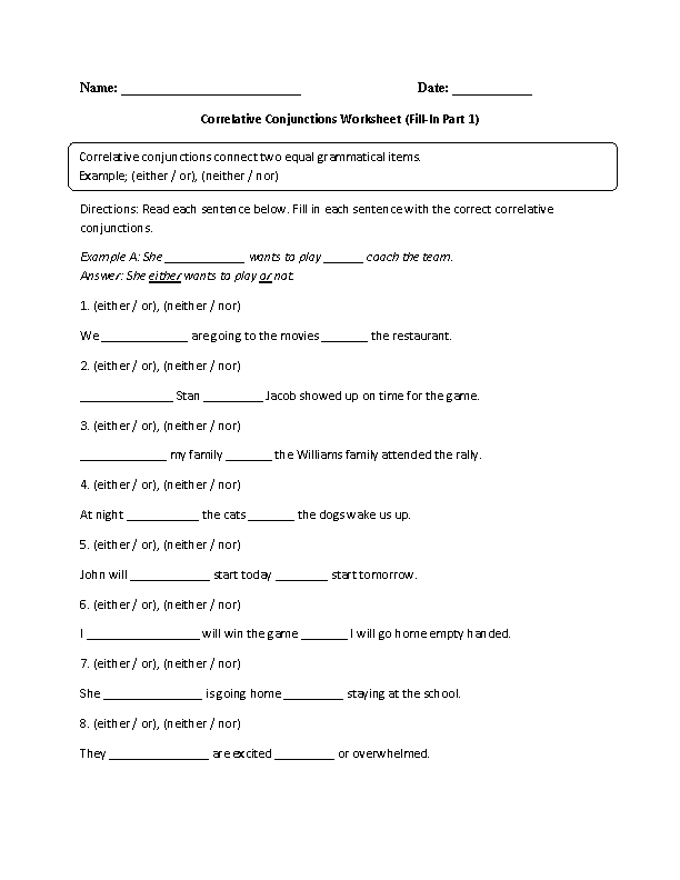 Correlative Conjunctions Worksheets Image