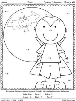 Halloween Subtraction Math Coloring Worksheets Image