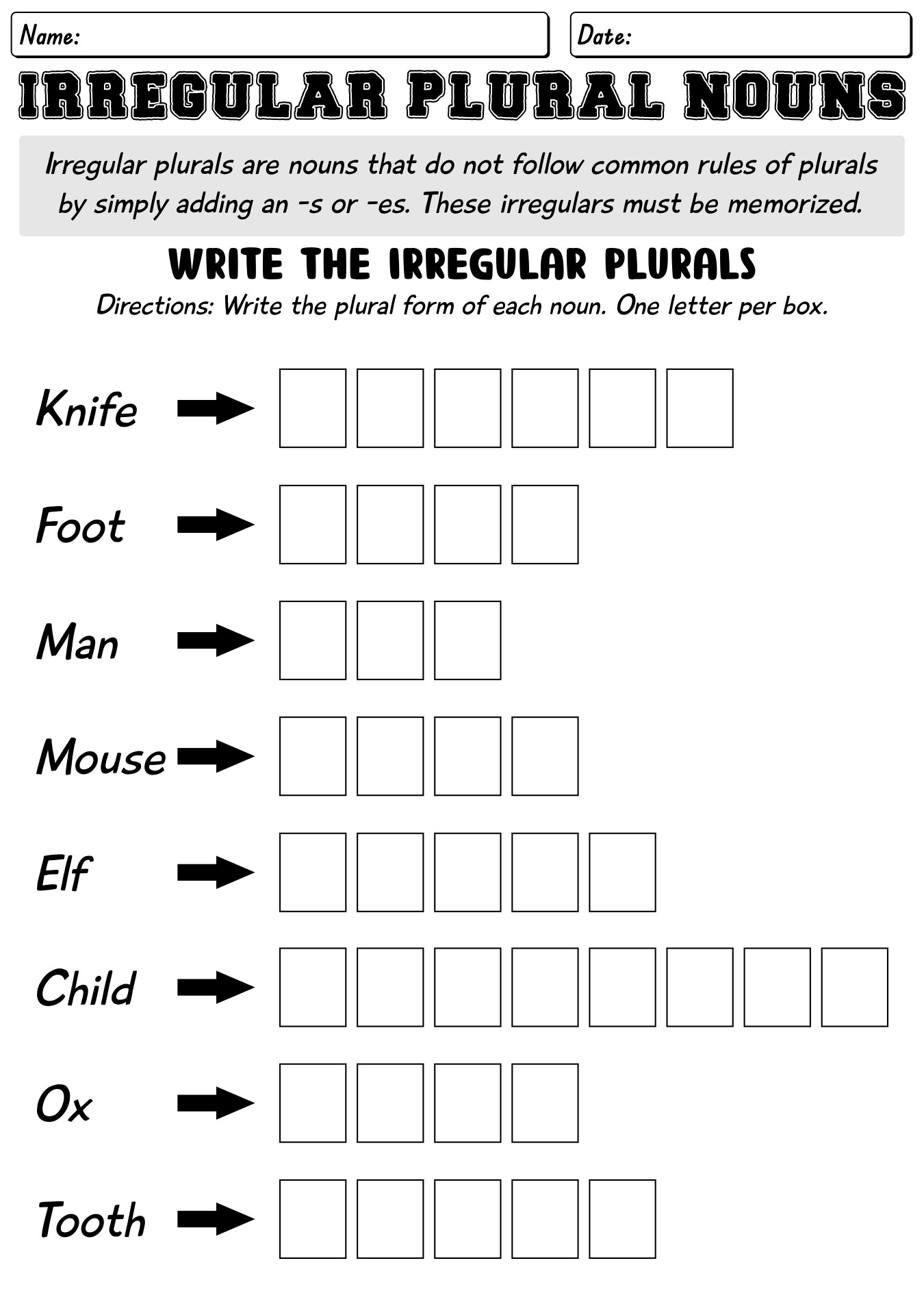 Irregular Plural Nouns For Grade 1