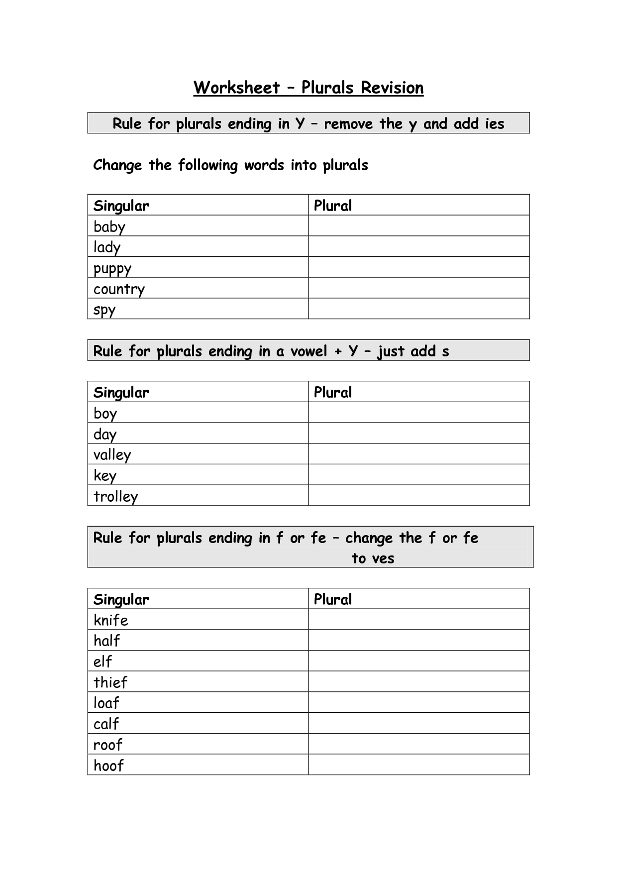 Irregular Plurals Worksheet Image
