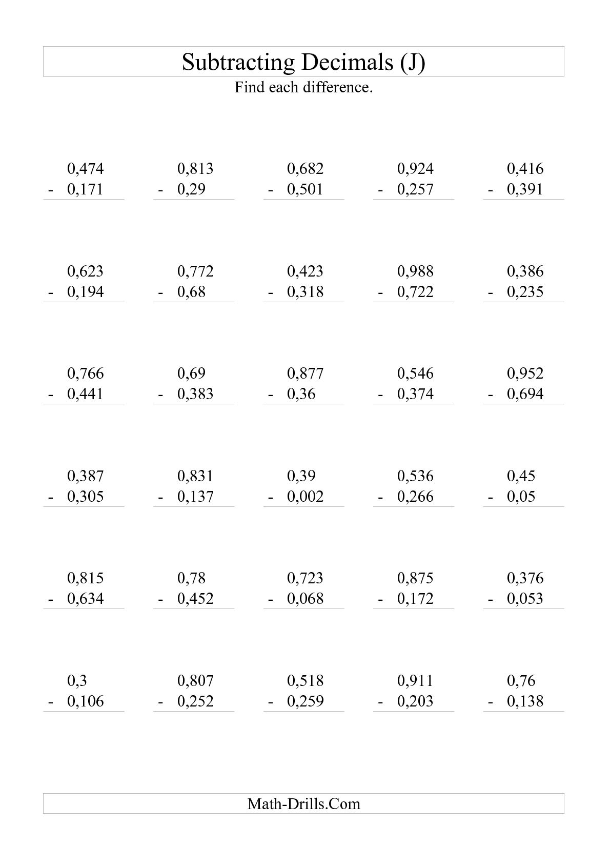 Math Worksheets Subtracting Decimals