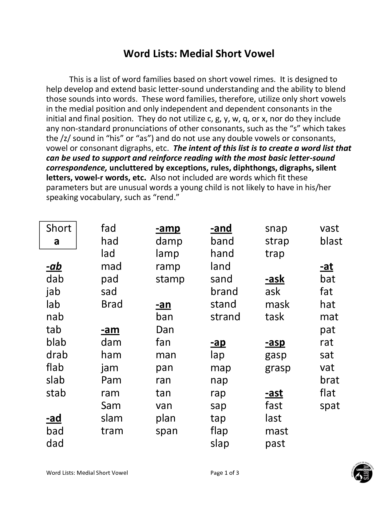 Short-Vowel Word List Image