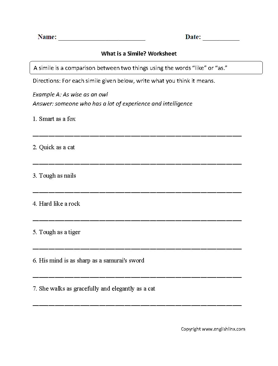 Simile Worksheets 2nd Grade Image