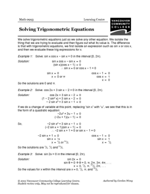 Solving Trig Equations Worksheet Image