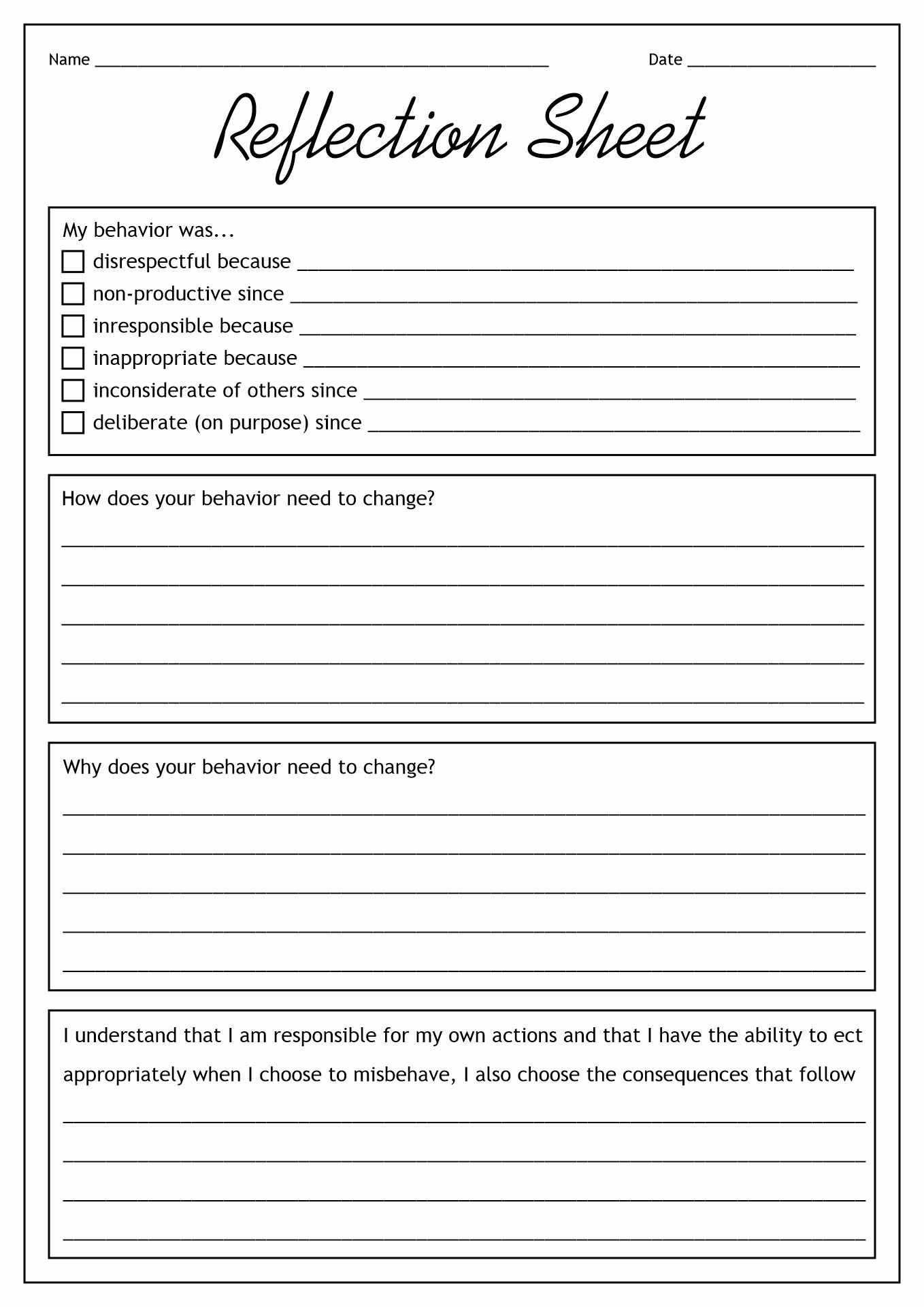 Student Behavior Reflection Worksheets Image