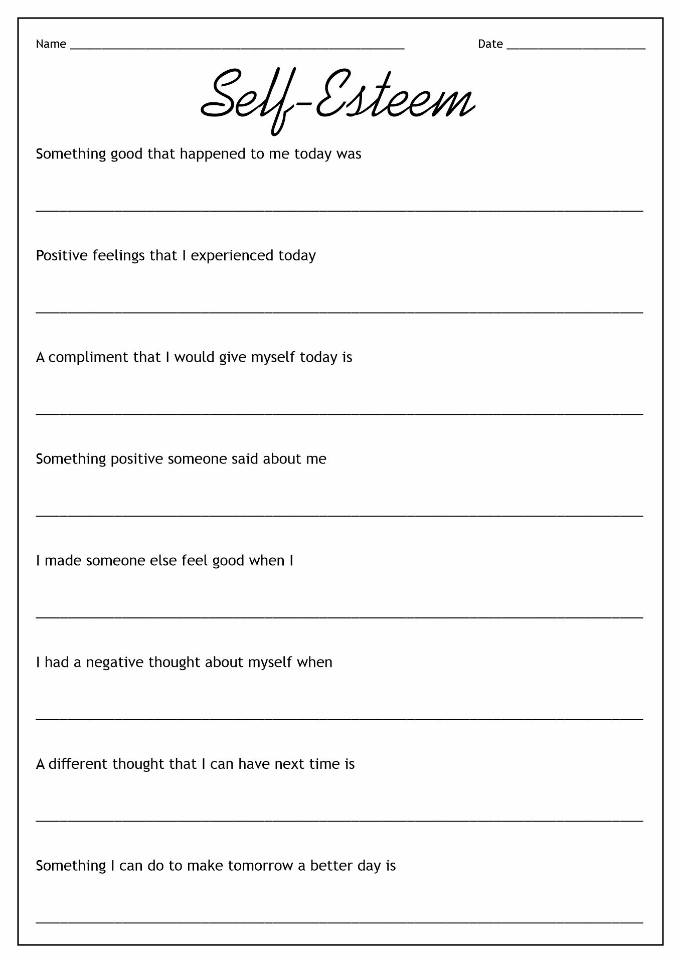 Teen Self-Esteem Worksheets Image
