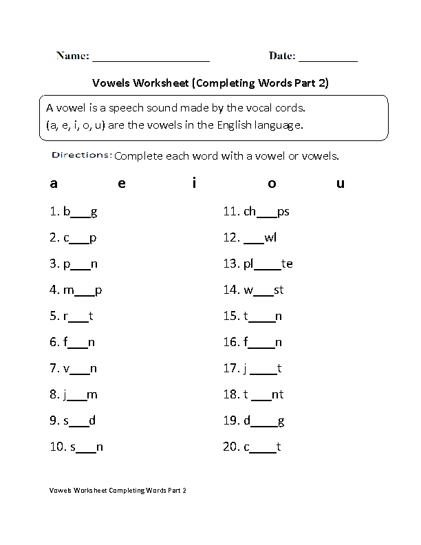 Two Vowel Words Worksheets Image