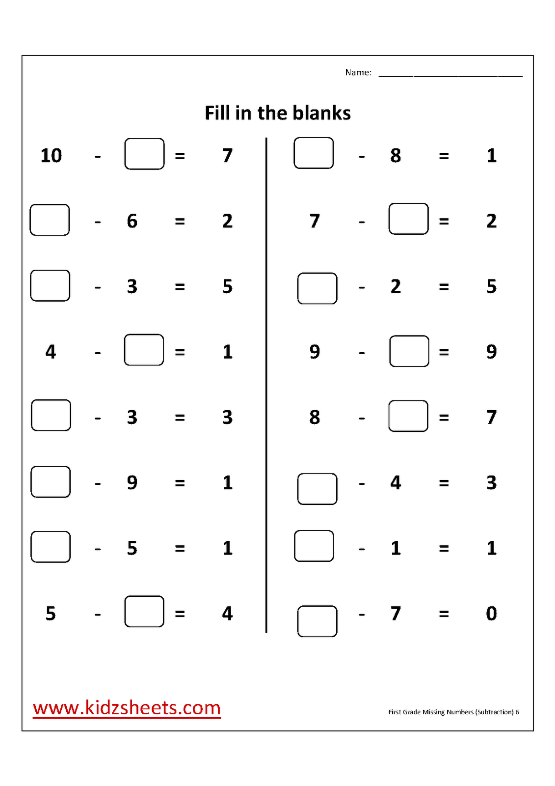 Missing Numbers In Equations Worksheet