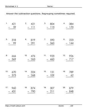 3-Digit Subtraction Worksheets for 3rd Grade