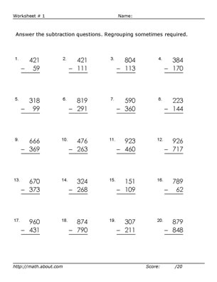 3-Digit Subtraction Worksheets for 3rd Grade