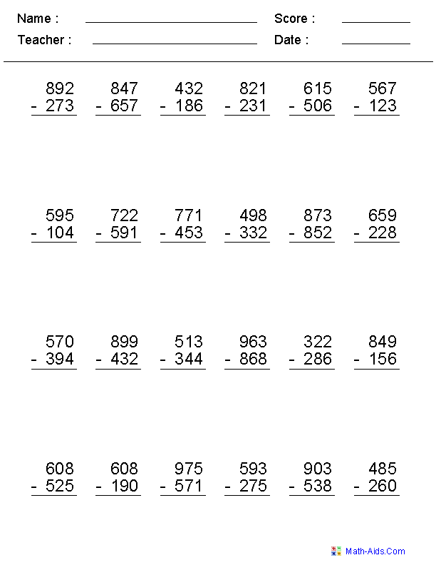 3-Digit Subtraction Worksheets