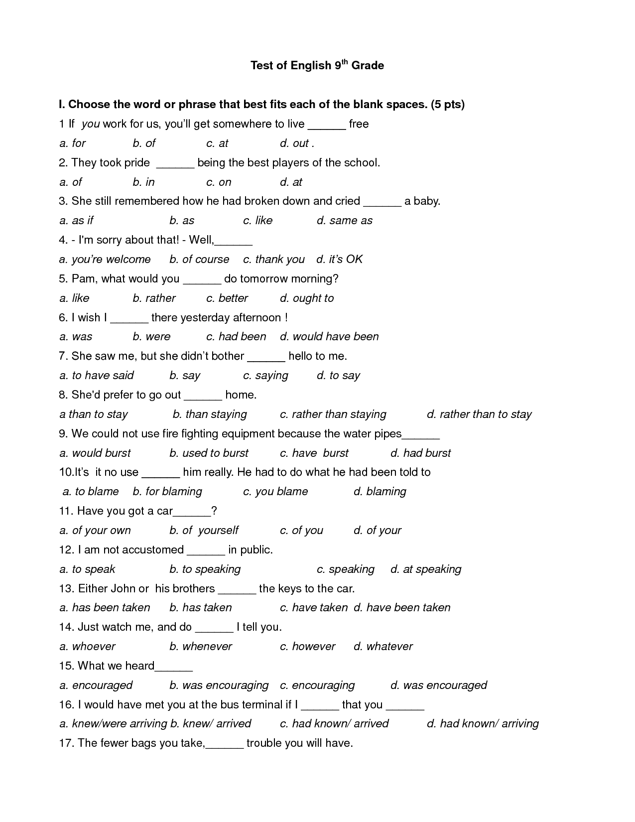 9th Grade English Worksheets