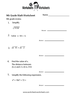 9th Grade Math Worksheets Printable