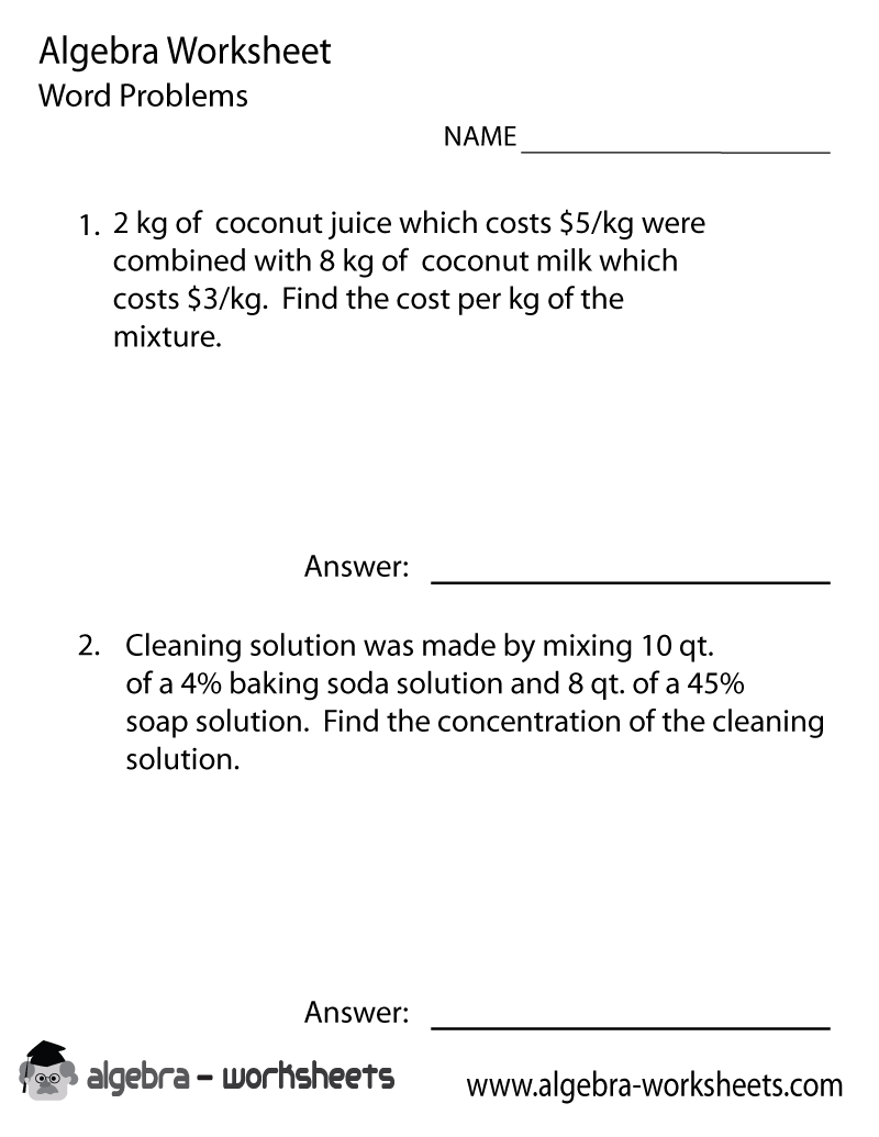 Algebra Word Problems Worksheets