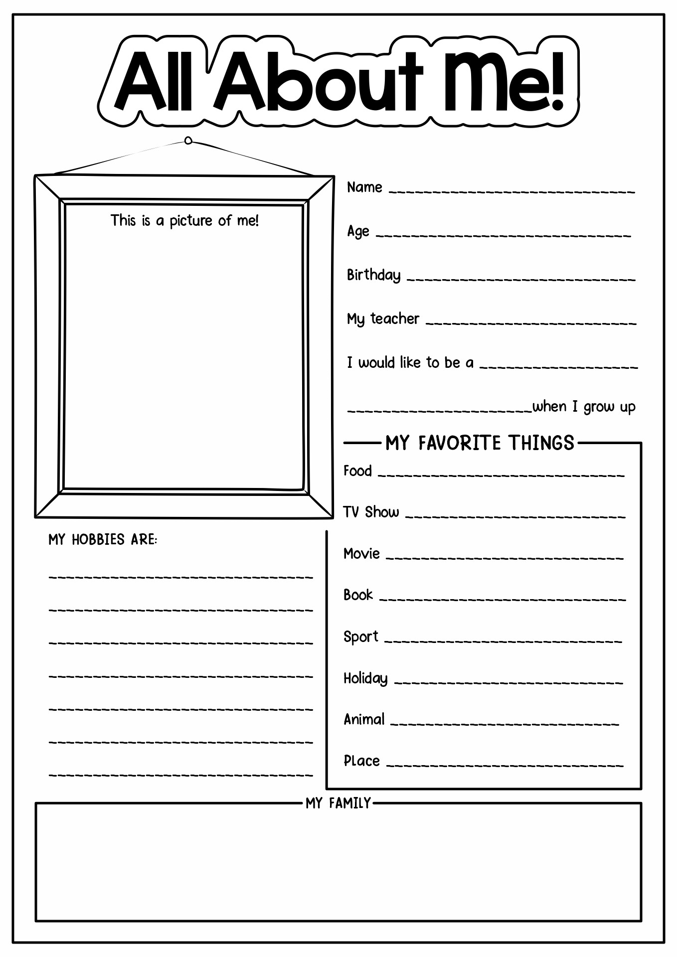 Free Back to School All About Me Activity Image