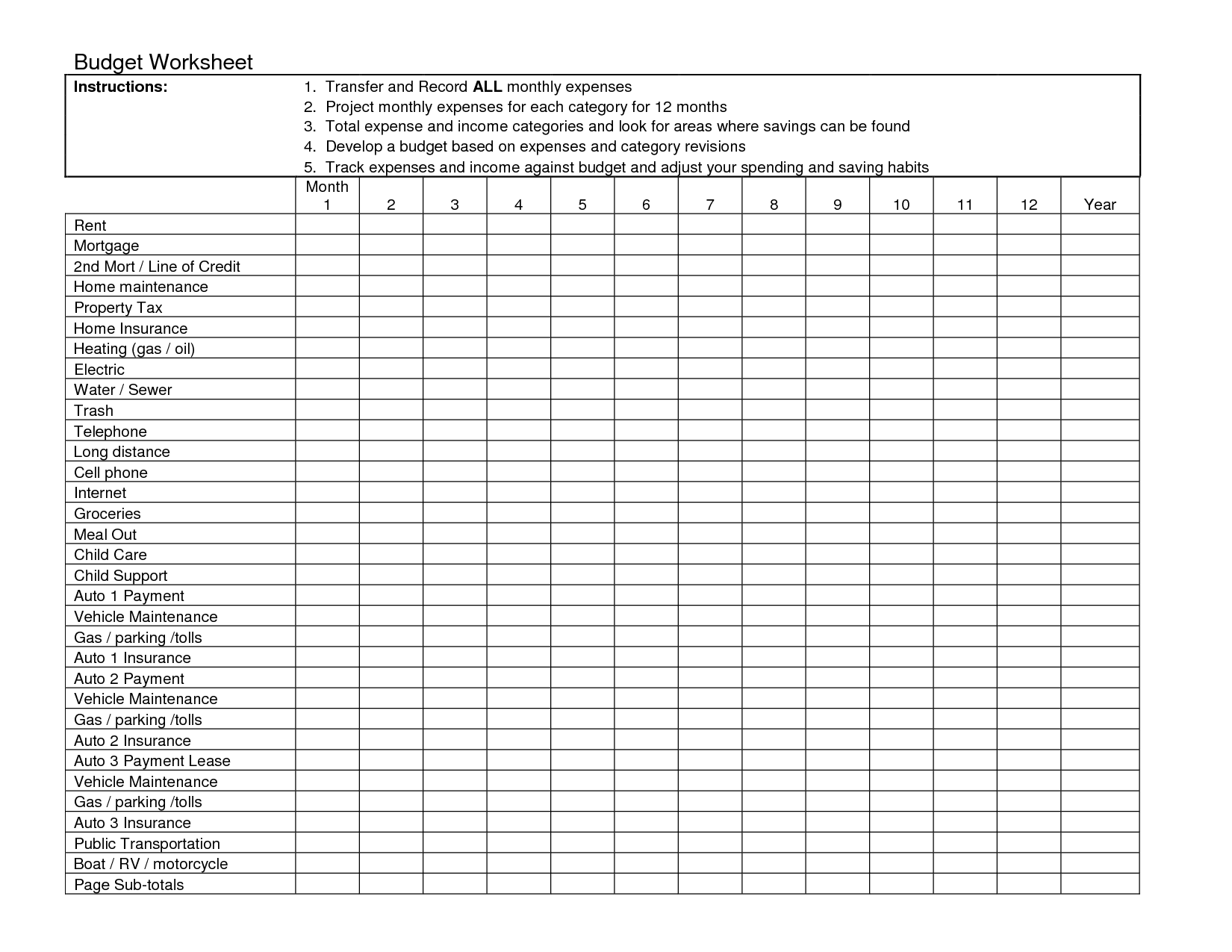 Free Printable Blank Monthly Budget Worksheet Image