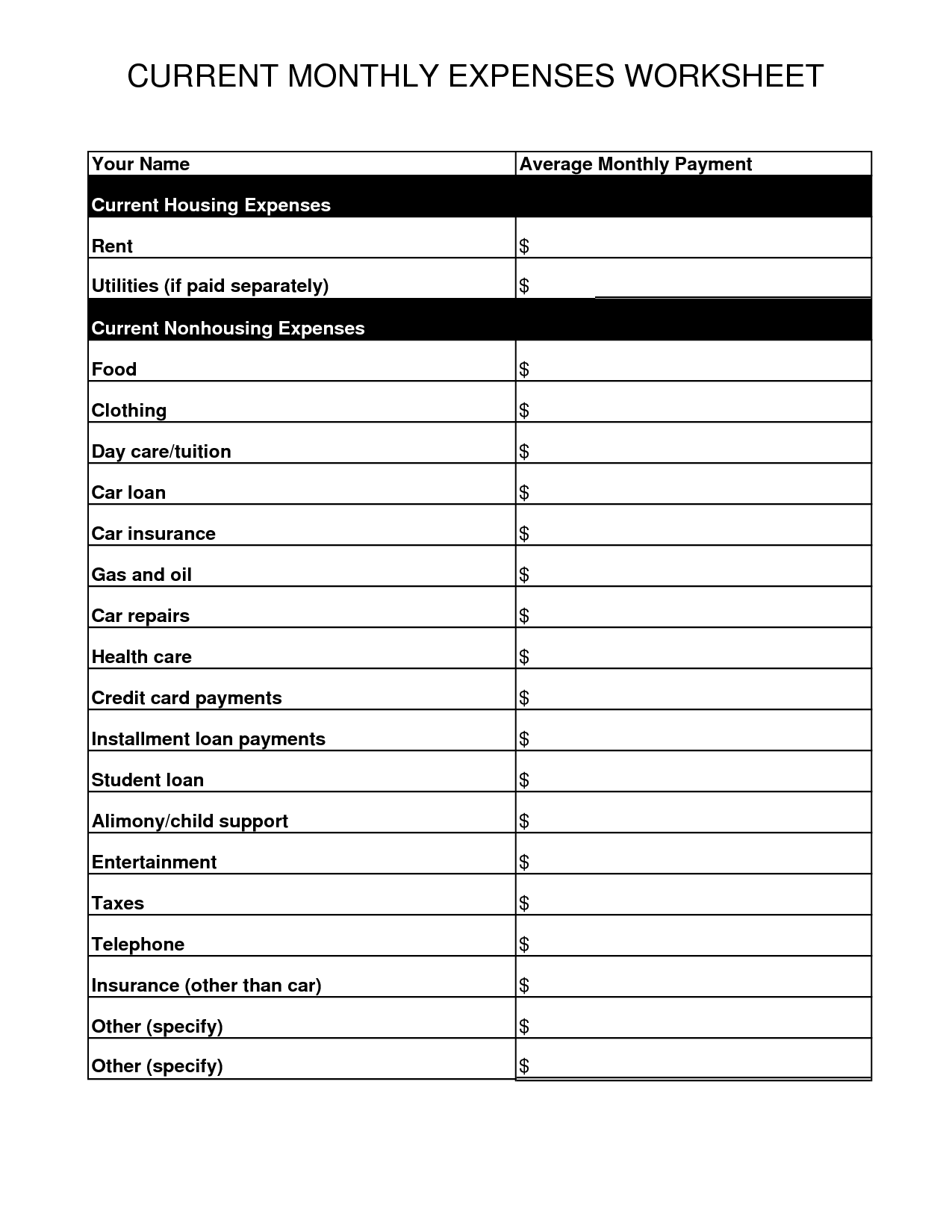 Free Printable Monthly Business Expense Worksheet Image