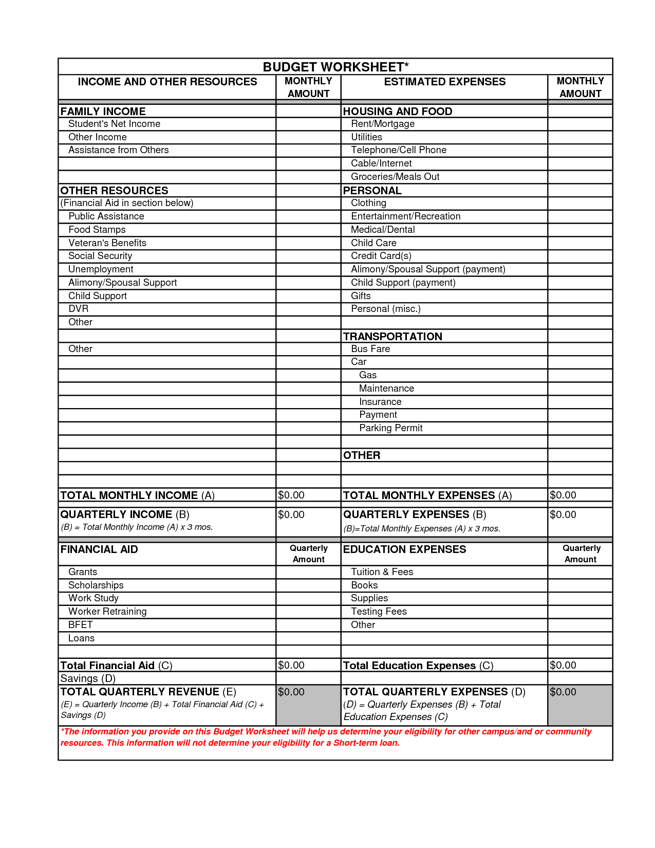 Monthly Income and Expense Worksheet Image