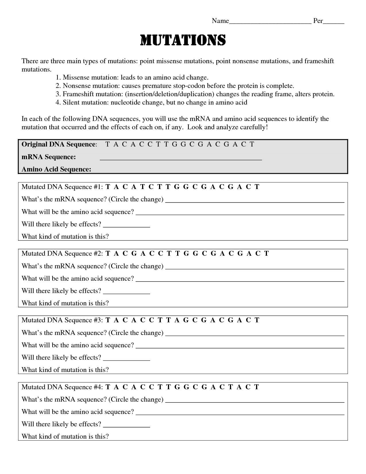 Dna Mutations Practice Worksheet Conclusion Answers Key With Genetic Mutation Worksheet Answer Key