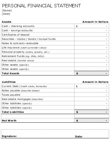 Personal Financial Statement Template for Excel Worksheet Image