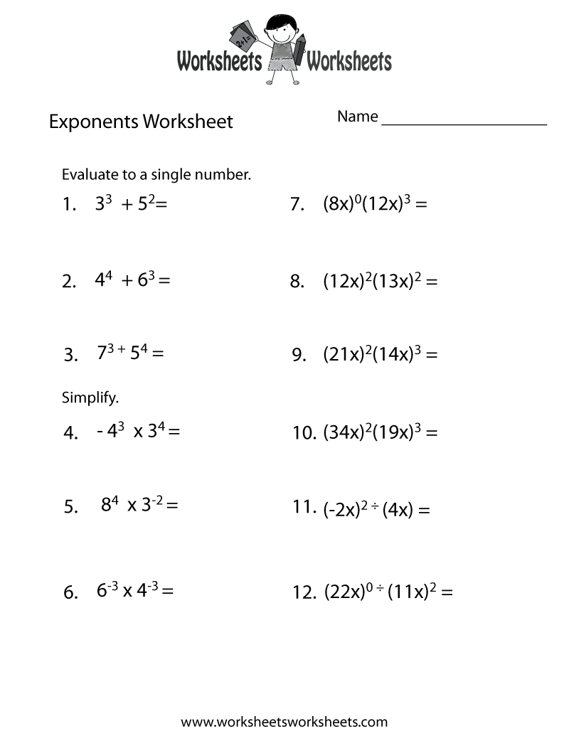 Printable Math Worksheets Exponents Image