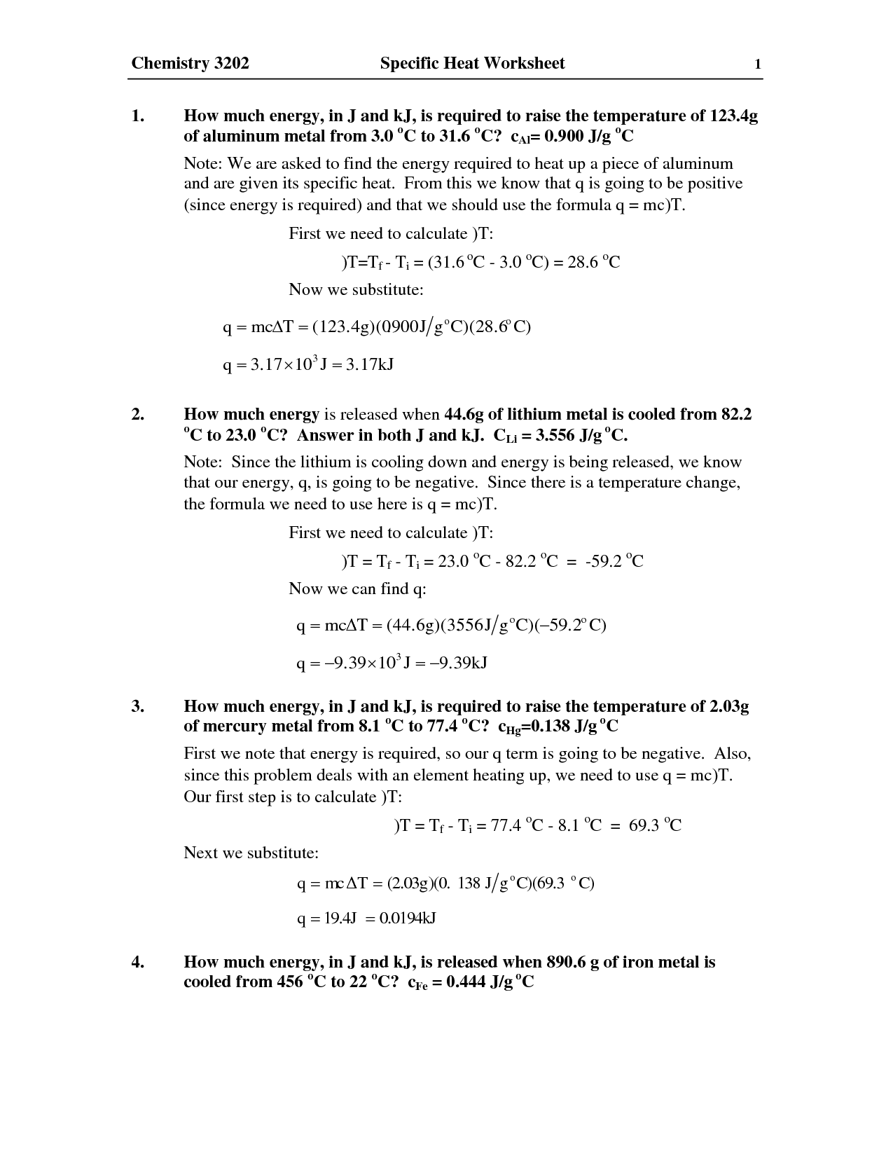 Specific Heat Problems Chemistry Worksheet Answers Image