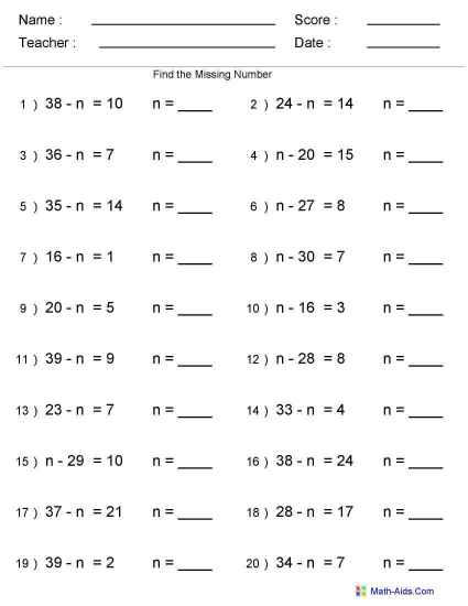 Subtraction Worksheets Missing Numbers Image
