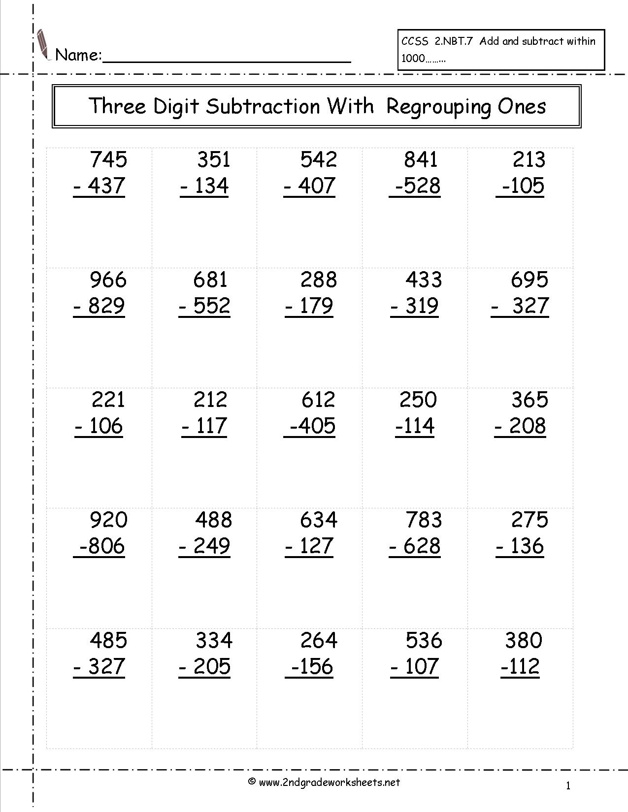 Three-Digit Subtraction Worksheets Image