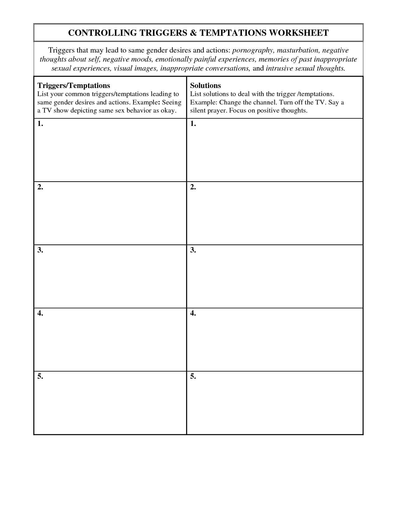 Triggers and Coping Skills Worksheets Image