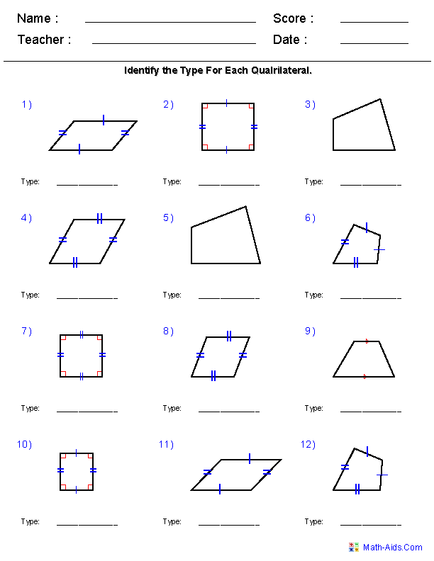 Types of Quadrilaterals Worksheet Image