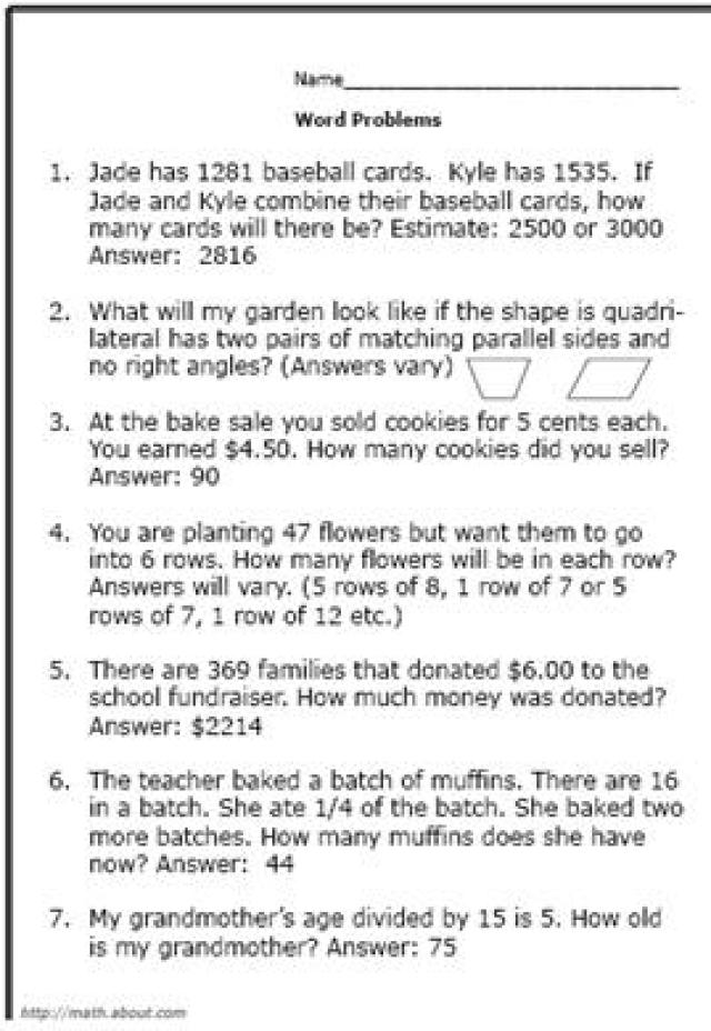 4th Grade Math Problems Worksheets Image