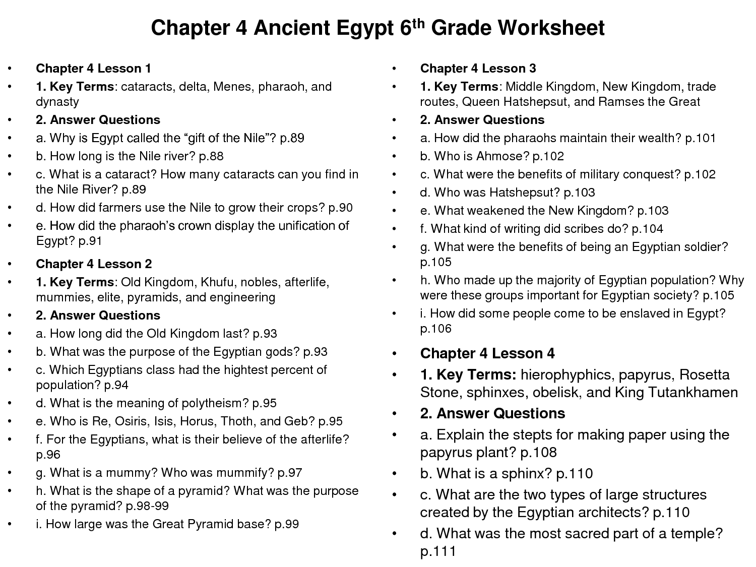 Ancient Egypt 6th Grade Social Studies Worksheets