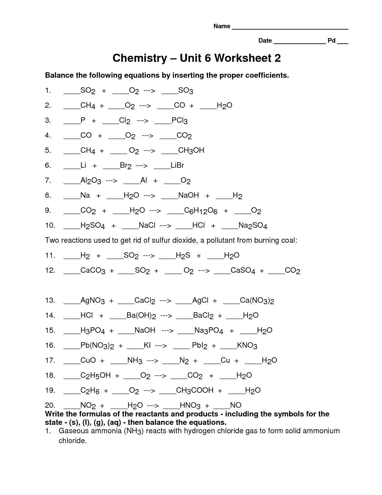 Chemistry Unit 1 Worksheet 6 Answers