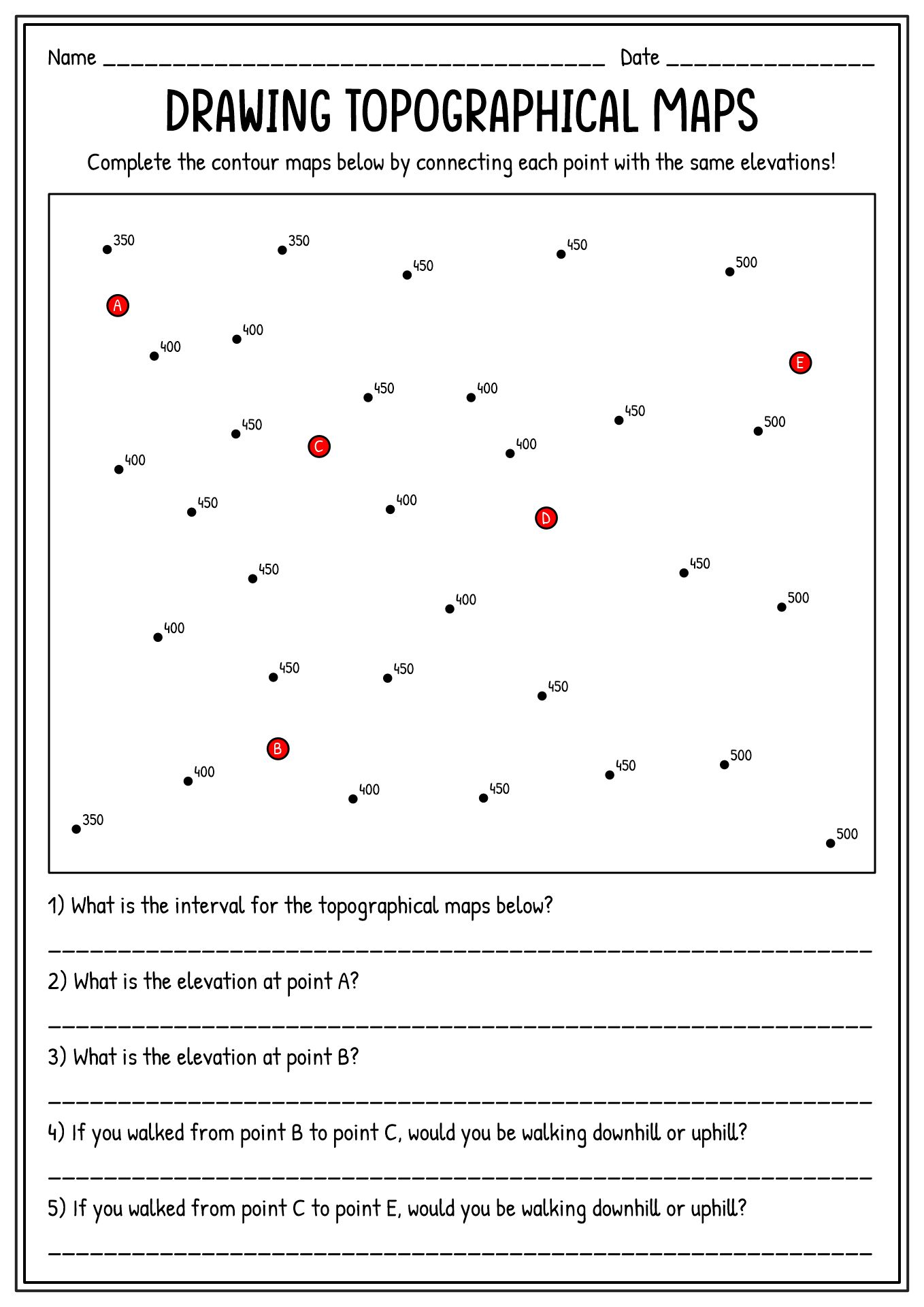 Drawing Contour Lines Topographic Map Worksheets