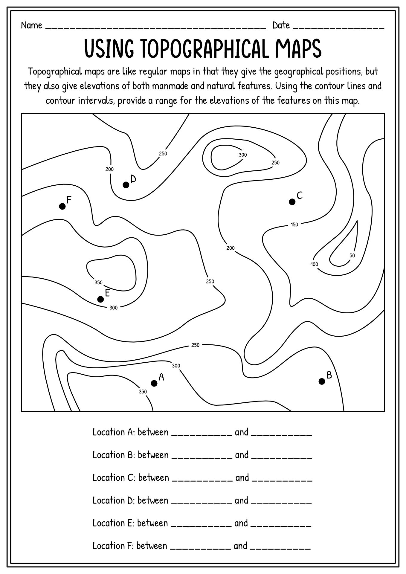 Drawing Contour Lines Topographic Map Worksheets