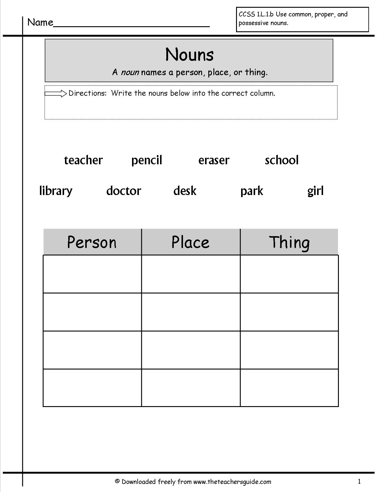 Free Noun Worksheets First Grade
