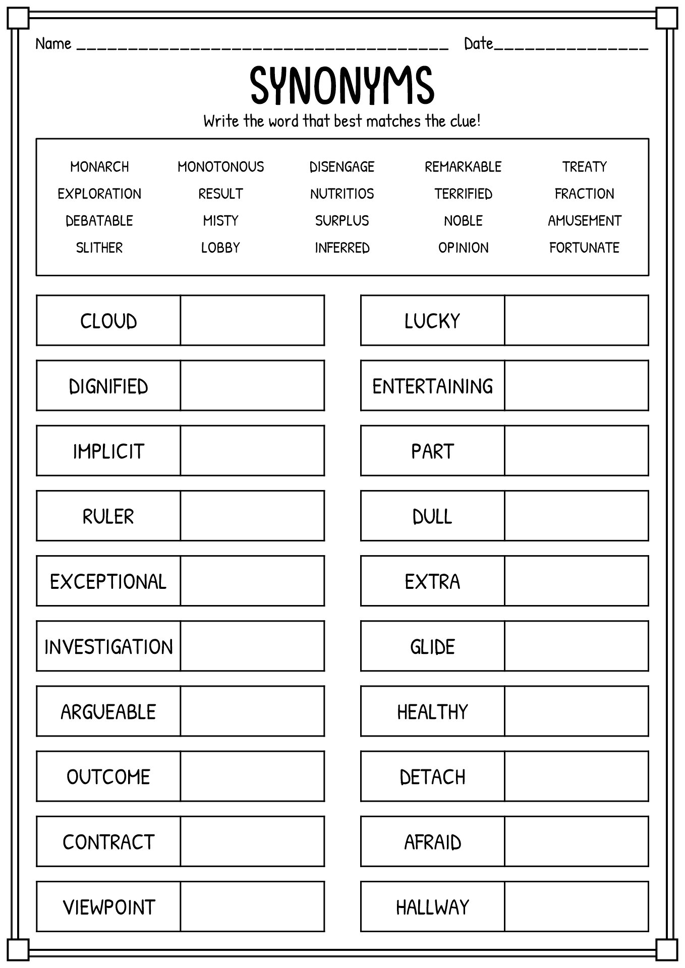 Free Printable Worksheet for 5th Grade Synonyms