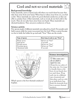 Heat Conductor and Insulator Worksheets 3rd Grade